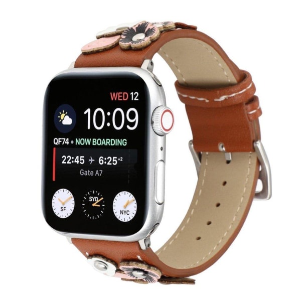 Apple Watch Series 5 40mm kukkakoristeinen aito nahkainen kellonauha - Ruskea Brown