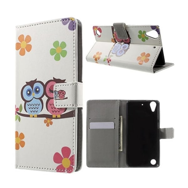 Holberg læder-etui til HTC Desire 530 med kortholder og stander - Uglepar Multicolor