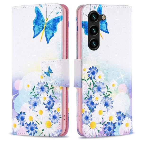 Wonderland Samsung Galaxy S23 Plus Flip Etui - Sommerfugl og Blomster Blue