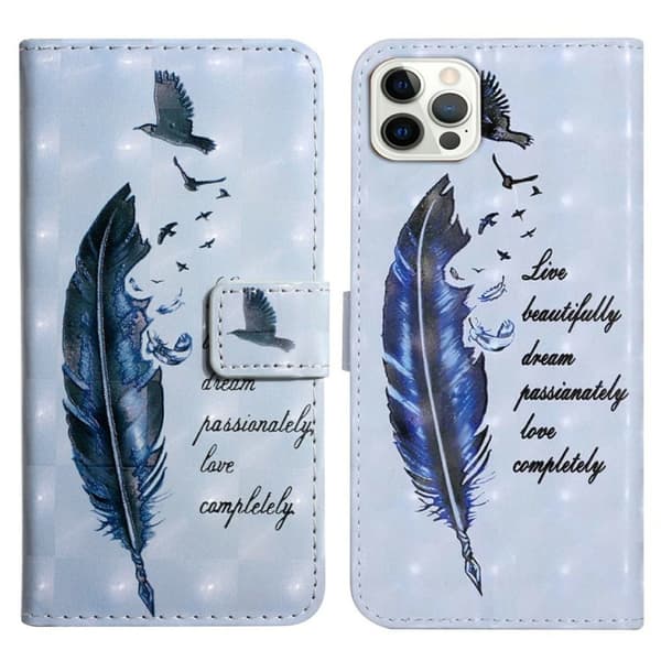iPhone 16 Pro Max Fodral Flip Wallet 3D-mönster Läder Telefonskal - Blå Fjäder Blå