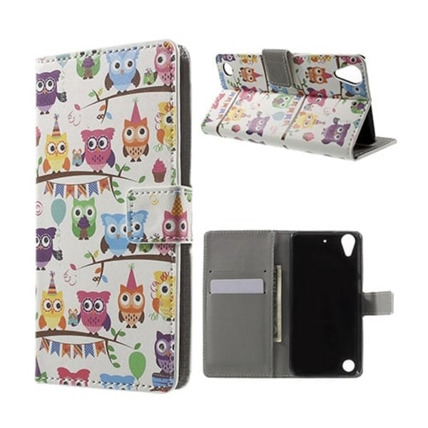 Holberg læder-etui til HTC Desire 530 med kortholder og stander - Uglefamilie Multicolor