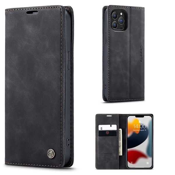 CASEME 013 Series Wallet Stand All-round Protection Vegansk Læder Shell Case iPhone 13 Pro Max 6.7 inch - Sort Black
