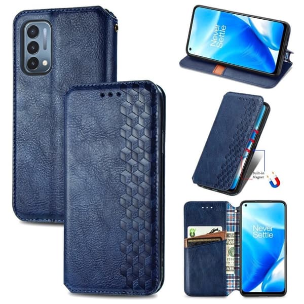 Läder OnePlus Nord N200 5G fodral med romb-design - Blå Blå
