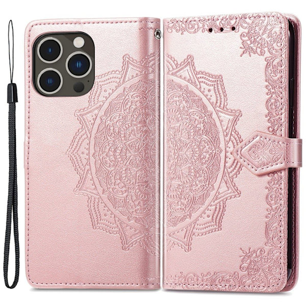 Mandala iPhone 15 Pro Max Läppäkotelo - Ruusukulta Pink