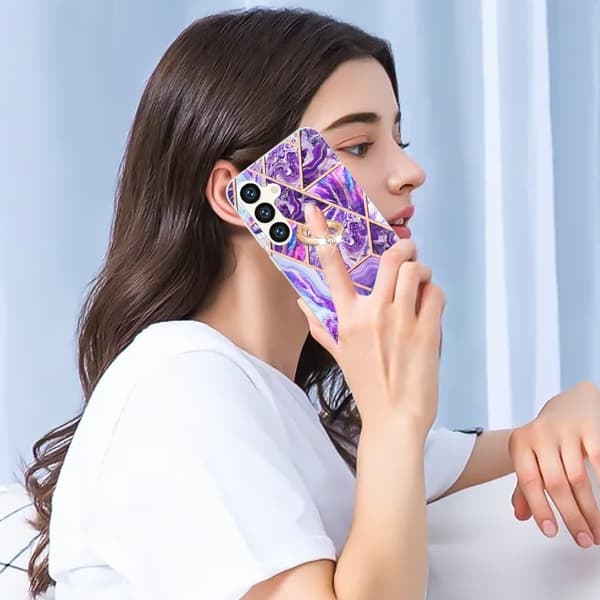 Marmormønstret deksel med ringholder for Samsung Galaxy S24 Plus - Lilla Purple