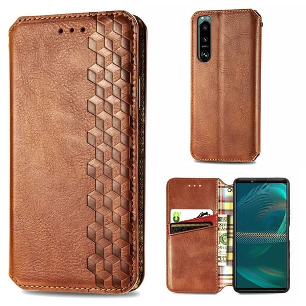 Läder Sony Xperia 5 III fodral med romb-design - Brun Brun