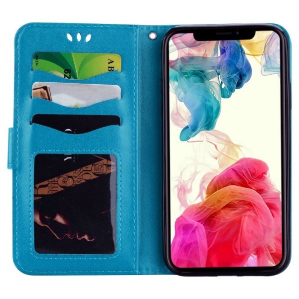 iPhone Xr imprint heart flower leather flip case - Blue Blå