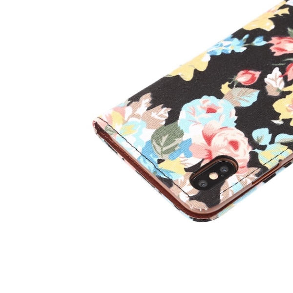 iPhone 9 Plus mobilfodral syntetläder silikon korthållare stående blommönster - Svart Svart