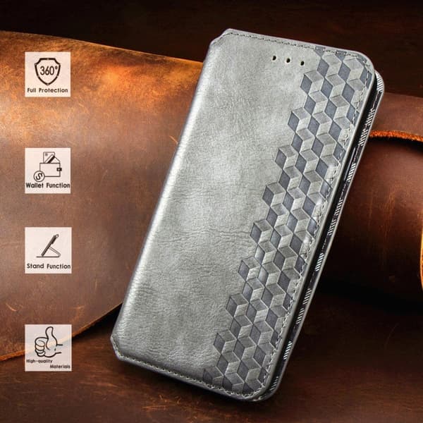 Lær Etui med A Stilfull Rhombus Imprint til Samsung Galaxy A02 - Grå Silver grey