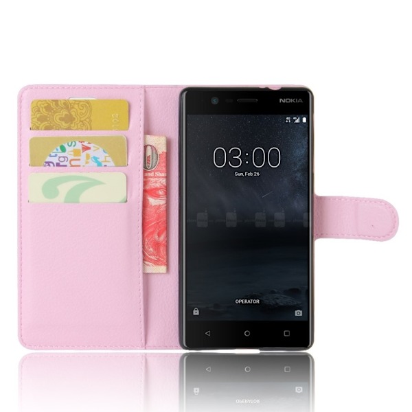 Nokia 3 Læder etui med Lychee skin - Lyserød Pink