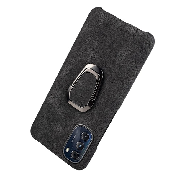 Stødsikkert lædercover med oval kickstand til Motorola Moto G (2022) - Sort Black