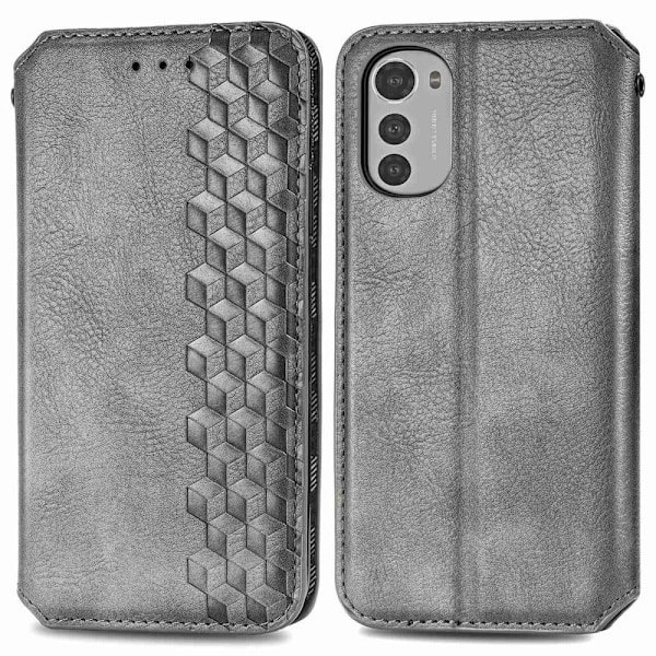 Læder Etui med A Stilfuldt Rhombus Tryk til Motorola Moto E32s / E32 / G22 - Grå Silver grey