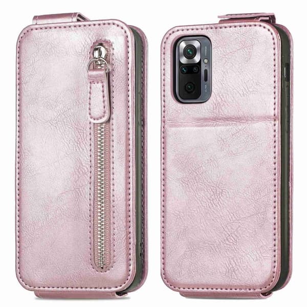 Vertical Flip Phone Etui med Zipper til Xiaomi Redmi Note 10 Pro / 10 Pro Max - Rose Gull Pink