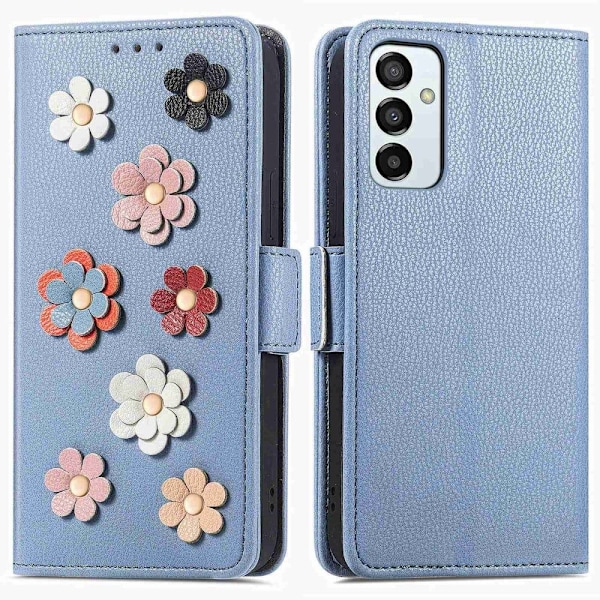 Mjukt läder Samsung Galaxy M23 / Samsung Galaxy F23 fodral med blomdekor - Blå Blå