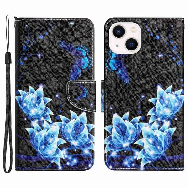 Wonderland iPhone 14 flip etui - Blå Sommerfugl Blue
