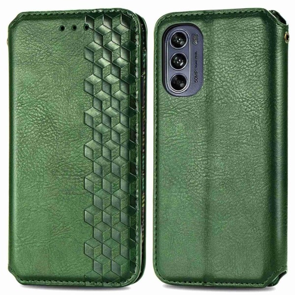 Läder Motorola Moto G62 5G fodral med romb-design - Grön Grön