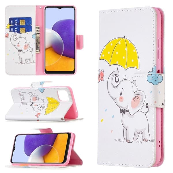 Wonderland Samsung Galaxy A22 5G Flippetui - Elefant og Paraply Multicolor