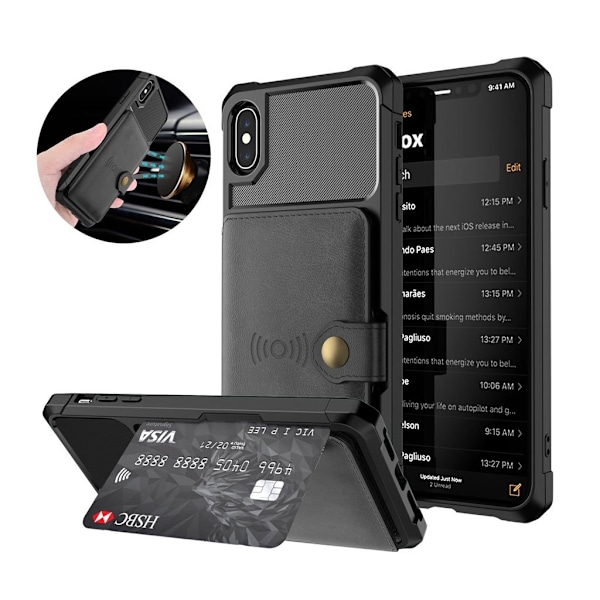 iPhone Xs Max muovinen takasuoja kuori synteetti nahka lompakolla ja magneetilla - Musta Black