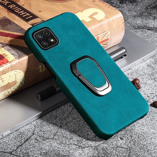 Stötsäkert läderfodral med oval kickstand för Samsung Galaxy A22 5G - Cyan Grön