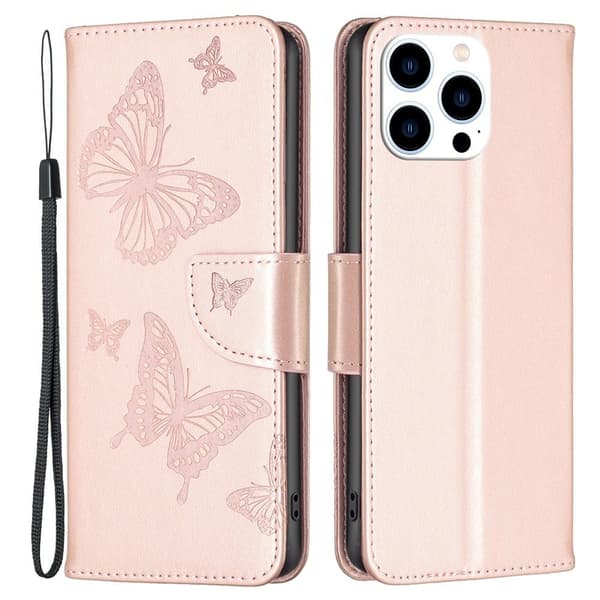 Butterfly iPhone 14 Pro nahkakotelo - Ruusukulta Pink