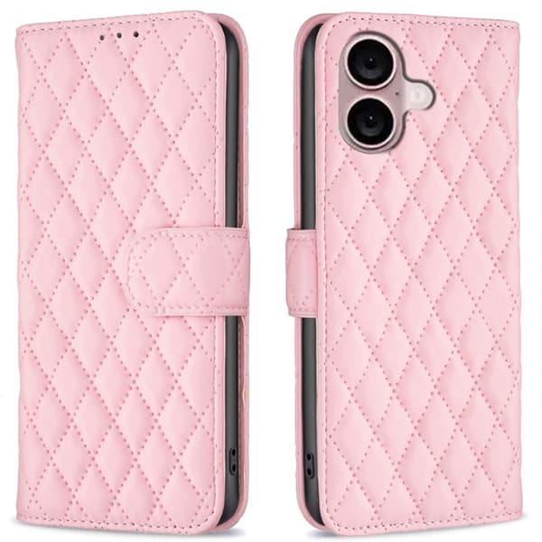 Rombemønster, matt flip-deksel for iPhone 16 Plus - Rosa Pink