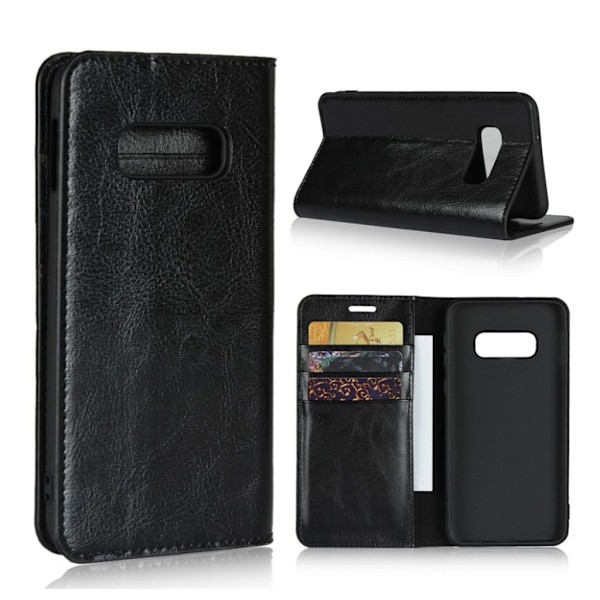 Crazy Horse Samsung Galaxy S10e aito nahkakotelo - Musta Black