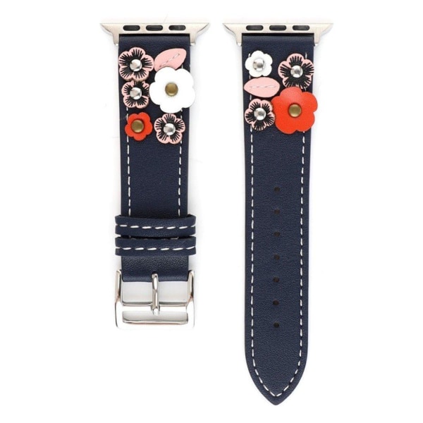 Apple Watch Series 5 40mm klockarmband i äkta läder med blomsterdekor - Mörkblå multifärg