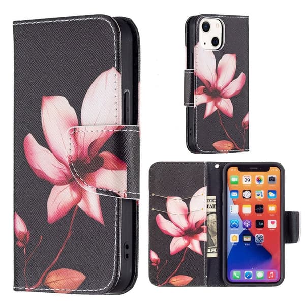 Wallet Stand Design Pattern Printing Vegansk Læder Flip Cover Protective Case iPhone 13 6.1 inch - Lotus Pink