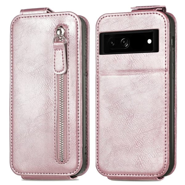 Vertical Flip Phone Etui med Zipper til Google Pixel 7a - Rødguld Pink