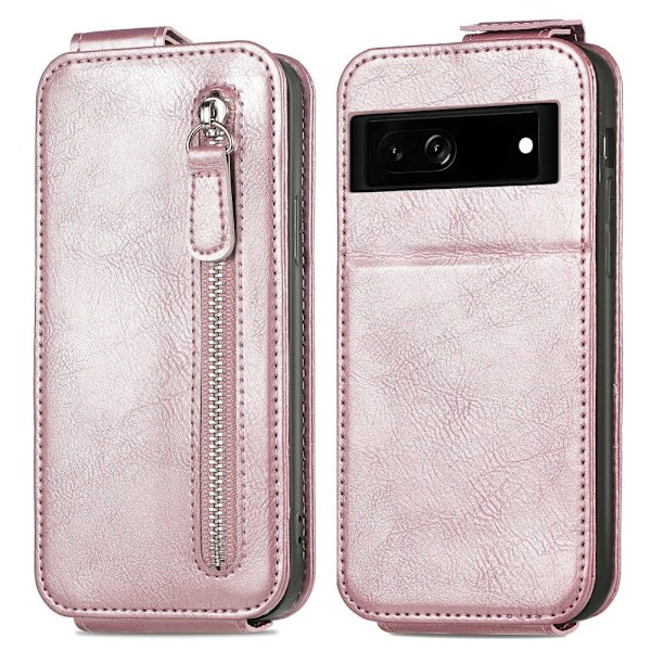 Vertical Flip Phone Suojakotelo With Zipper For Google Pixel 7a - Ruusukulta Pink