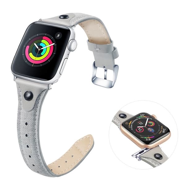 Apple Watch Series 5 / 4 44mm canvas urrem i ægte læder - Lysegrå / Grå Silver grey