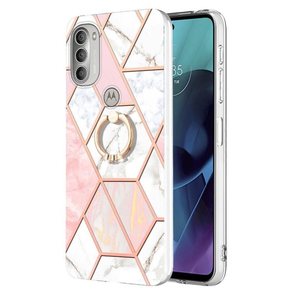 Marble Patterned Suojakuori With Ring Holder For Motorola Moto G51 5G - Pinkki / Valkoinen Pink