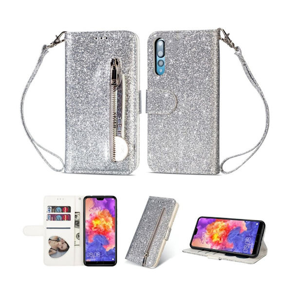 Zipper läder Huawei P20 Pro fodral med plånbok - Silver/Grå Silvergrå