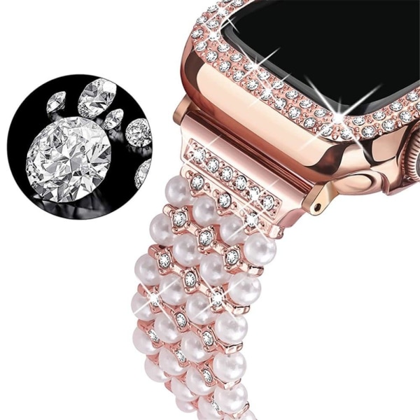 Apple Watch (45 mm) urrem med rhinestone-dekor + cover - Rødguld Pink