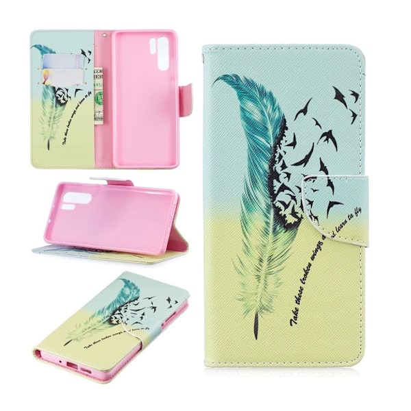 Huawei P30 Pro mønstret læder flip etui - Fjer Multicolor