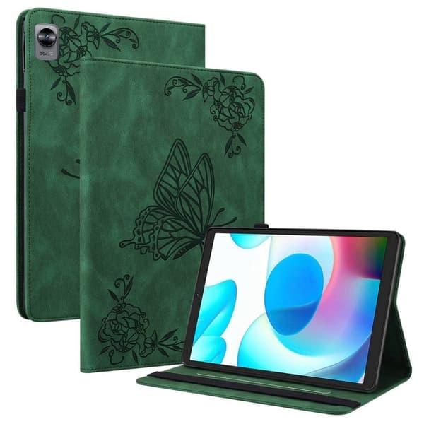 Realme Pad Mini läderfodral med fjärilsblommönster - Grön Grön
