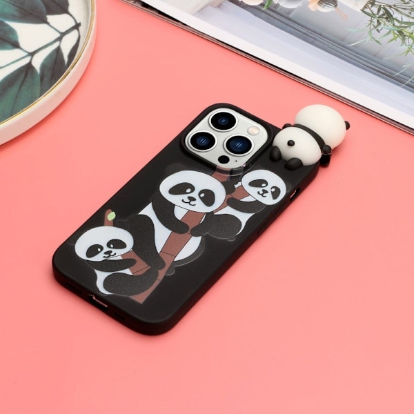 Cute 3d iPhone 14 Pro Suojakotelo - Three Pandas Black