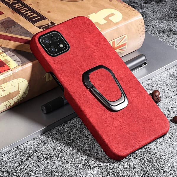 Stötsäkert läderfodral med oval kickstand för Samsung Galaxy A22 5G - Röd Röd