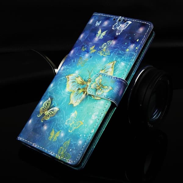 Huawei P30 Pro lysspot læder flip etui - Guld og Blå Sommerfugl Blue