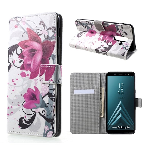 Samsung Galaxy A6 mobiletui i kunstlæder med printet mønster og magnetisk lukkefunktion samt pung - Lilla Blomster Purple