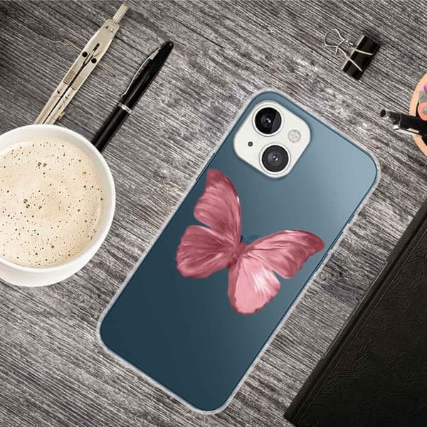 Butterfly iPhone 14 Plus nahkakotelo - Vaaleanpunainen Perhonen Pink