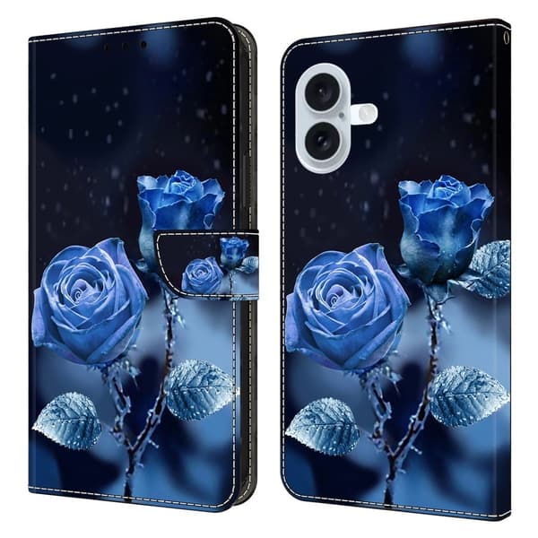 iPhone 16 Plånboksfodral Mönster Tryck Stativ Läder Flip Phone Cover - Blå Rosor Blå
