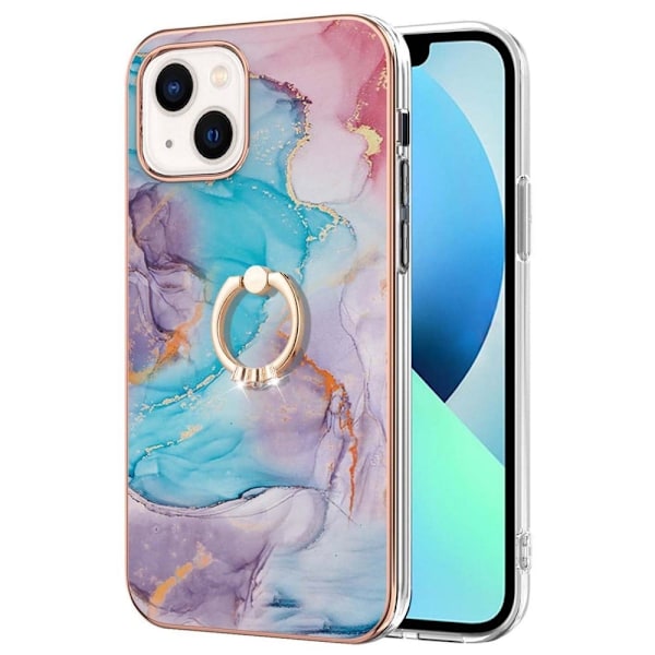 Marble Patterned Suojakuori With Ring Holder For iPhone 14 Plus - Milky Way Marble Blue Multicolor
