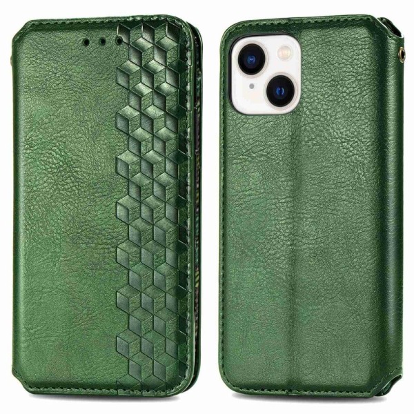 Läder iPhone 14 fodral med romb-design - Grön Grön