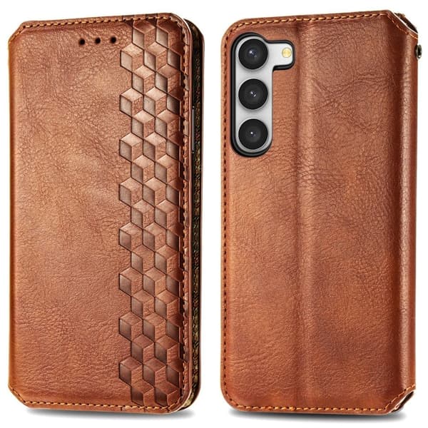 Læder Etui med A Stilfuldt Rhombus Tryk til Samsung Galaxy S23 Plus - Brun Brown