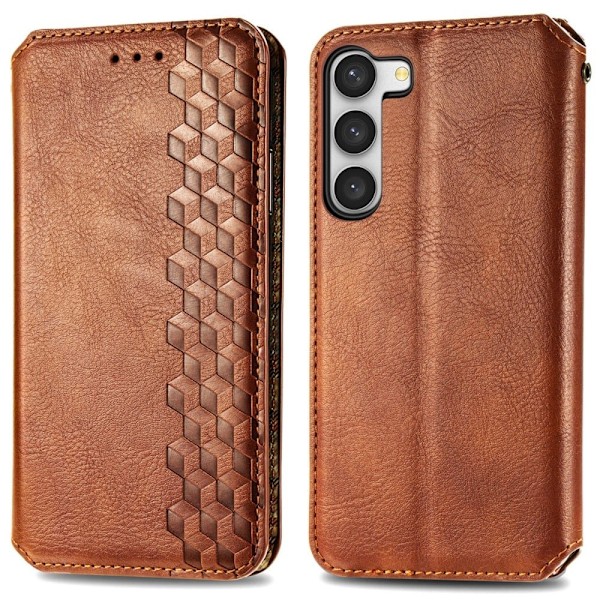 Nahkakotelo With A Stylish Rhombus Imprint For Samsung Galaxy S23 Plus - Ruskea Brown