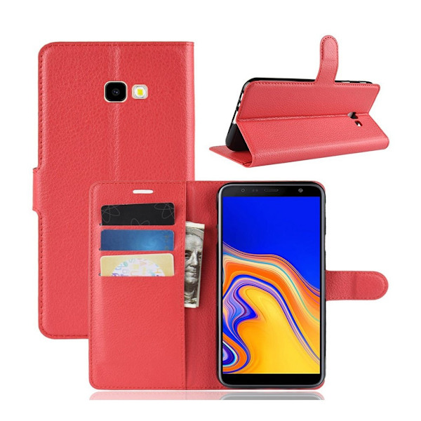 Samsung Galaxy J4 Plus (2018) flipfodral i litchi skin-läder - Röd Röd