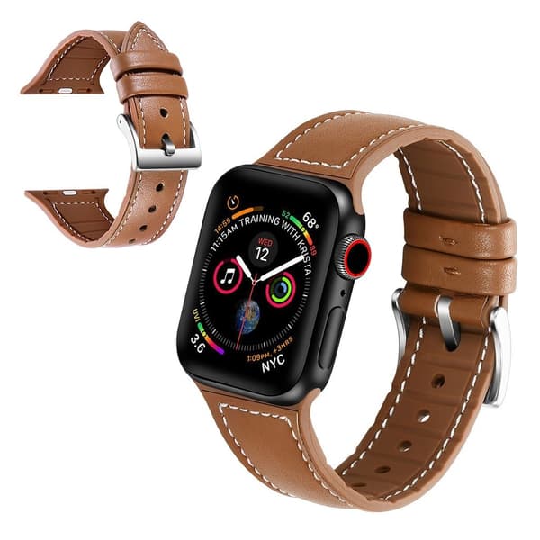Apple Watch Series 5 44mm silikone genuin læder Urrem - Brun Brown