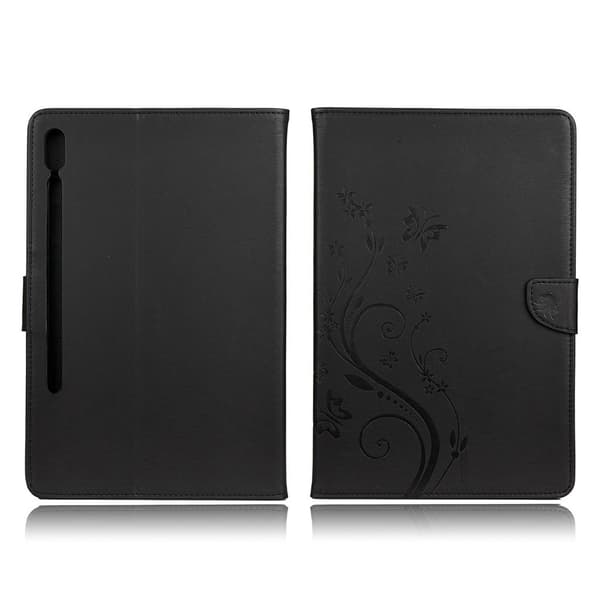 Samsung Galaxy Tab S6 aftryk sommerfugl blomster læder etui - sort Black