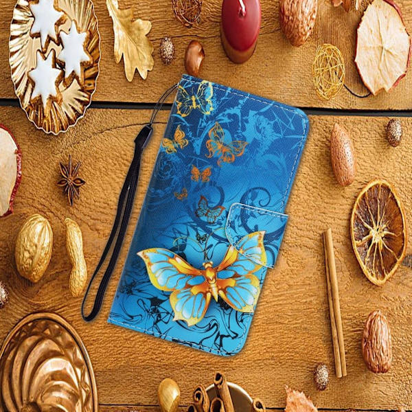 Wonderland Samsung Galaxy A53 5G Läppäkotelo - Golden Perhonen Blue